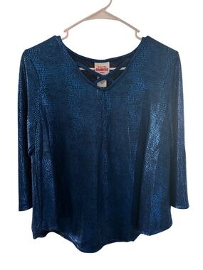 Ruby Rd. Metallic Blue Long Sleeve V-Neck Top